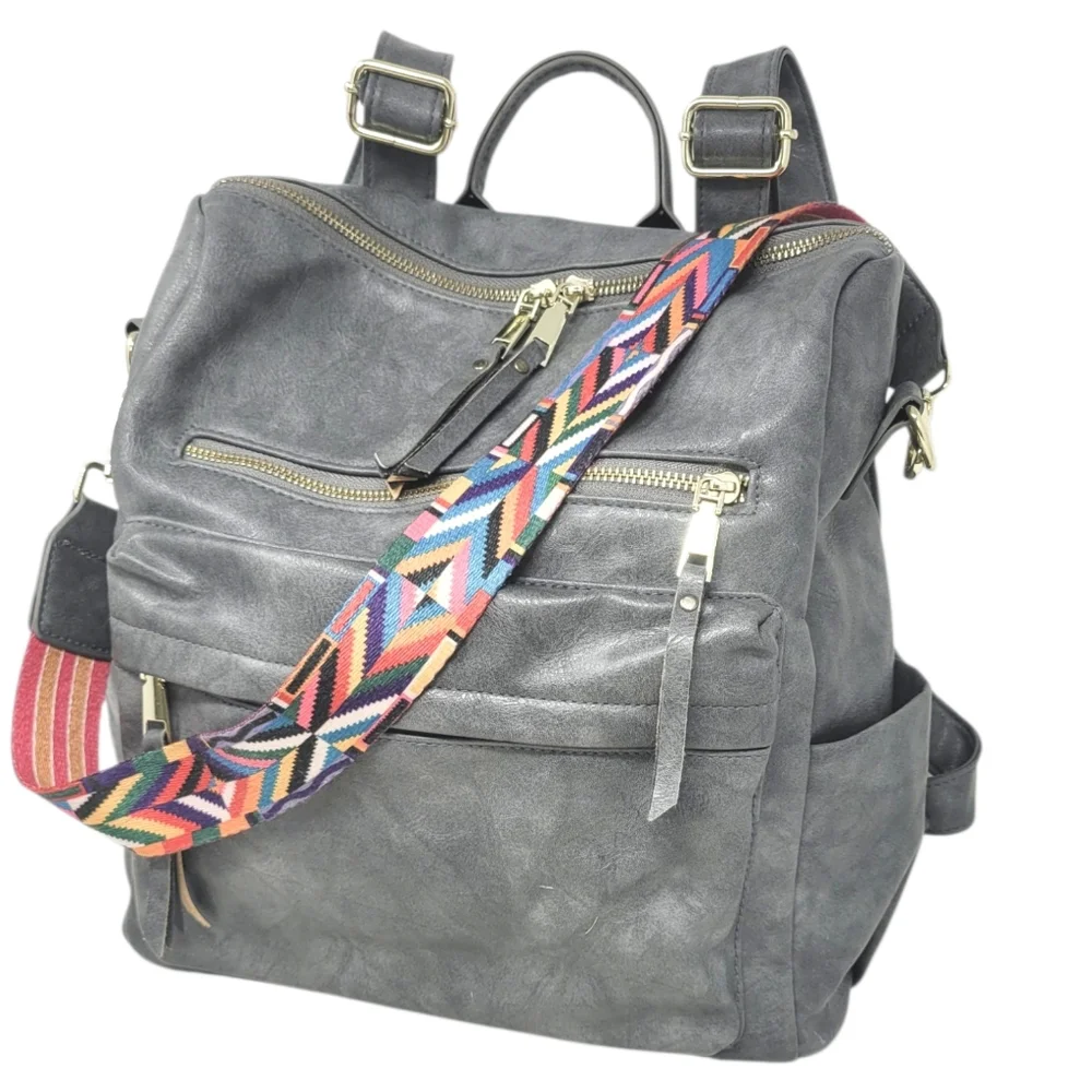 Grey Convertible Backpack Purse with reversible strap